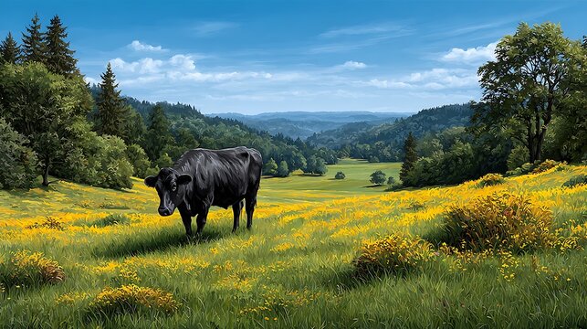 Vector cartoon illustration of a panoramic countryside view with bright green grass, a single cow grazing among clusters of vibrant spring wildflowers, and a clear, sunny sky.