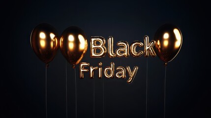 Golden black friday balloon letters with balloons on a dark background