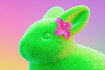 Green bunny statue with a pink flower on its head, set against a colorful gradient background