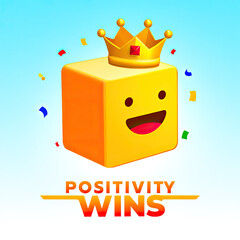 Cheerful Yellow Cube Character with Crown Promotes Positivity and Wins