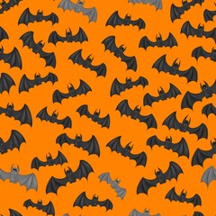 Halloween Seamless Pattern with Flying Bats on Orange Background