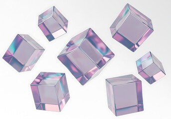 Floating iridescent glass cubes isolated on white background, abstract design