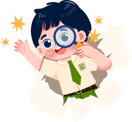 Enthusiastic boy with magnifier bursting through paper, discovery concept, bright cartoon illustration.