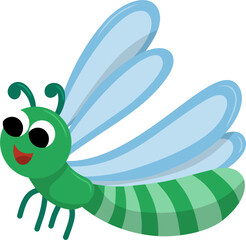 Cheerful Green Insect with Striped Body and Delicate Blue Wings.