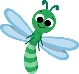 Smiling Green Dragonfly with Striped Body and Translucent Blue Wings.