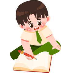 Cartoon schoolboy writing in a notebook, cross-legged on the floor.