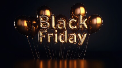Golden balloons spelling black friday on a dark reflective surface