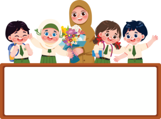 Schoolchildren with Teacher, Flowers, Blank Sign