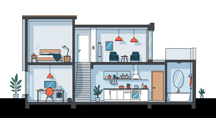Obraz premium Detailed cutaway illustration of a modern two-story house interior.