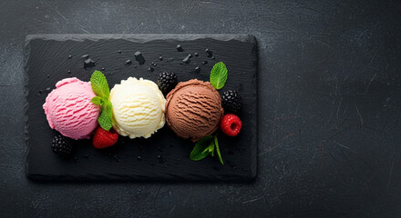 Three scoops of ice cream strawberry, vanilla, and chocolate, served with fresh berries and mint on a dark slate