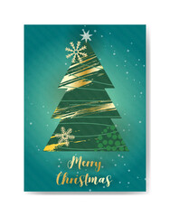 A festive greeting card with a stylized sparkly Christmas tree with grunge golden paint strokes and decorations on a green background, featuring the text 'Merry Christmas.'