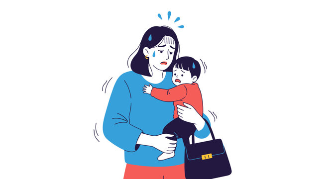 A stressed mother holding a crying baby feels overwhelmed and anxious while managing daily life.