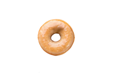 Glazed donut with shiny sugar coating featuring golden brown tones and characteristic circular hole center, isolated on a transparent background