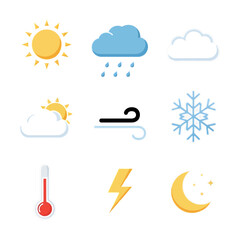Comprehensive set of modern flat design weather icons, featuring sunny, rainy, cloudy, windy, snowy, temperature, and night conditions for digital UI