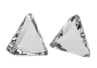 Two clear triangle diamonds isolated on white background are shiny and precious