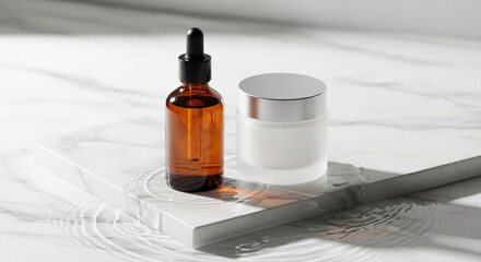 Amber glass dropper bottle with serum and white cream jar on marble slab with water ripples