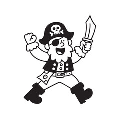  A black and white cartoon vector illustration of a humorous pirate triumphantly holding his sword up in the air. 
