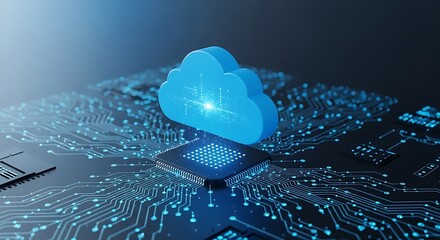 High quality image of a luminous blue cloud icon rests atop a dark circuit board, symbolizing cloud computing integrated with advanced technology and data