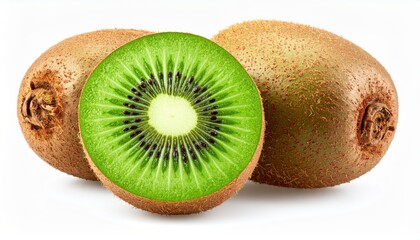 Close-up of whole and sliced kiwi fruit showcasing its vibrant green flesh and brown fuzzy skin.