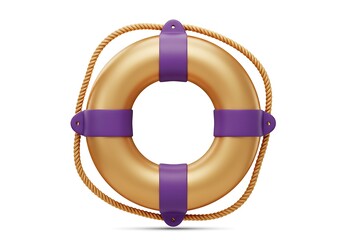 Golden life buoy with purple straps isolated on white background