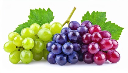 Fototapeta premium A colorful assortment of green, purple, and red grapes with fresh green leaves on a white background, showcasing their vibrant colors and textures.