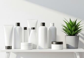 Cosmetic products and a potted plant on a shelf isolated on white background