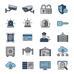 Security and Safety Icons Surveillance, Access Control, Data Protection, and More