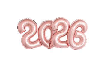 Rose gold foil balloons forming numbers two zero two six arranged in sequence for feminine celebration theme, isolated on a transparent background
