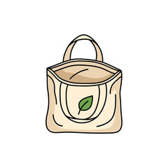 Hand-drawn illustration of a reusable eco-friendly tote bag with a green leaf symbol, representing a zero waste and sustainable lifestyle concept