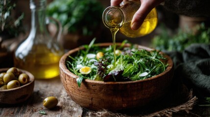 overhead shot of natural motion in food photography, oil being drizzled on fresh salad, rustic table setting, copyspace top