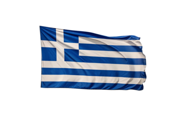 Greece flag rippling in wind showing nine alternating azure blue and white stripes with cross symbol, isolated on a transparent background