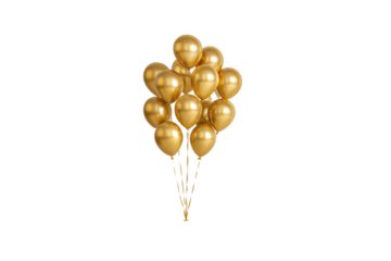 Gold balloons clustered together in elegant bunch, perfect for celebrations and special occasions, isolated on a transparent background