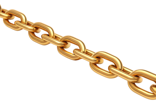 Shiny gold chain with interlocking oval links displayed diagonally showcasing metallic finish and dimensional depth, isolated on a transparent background