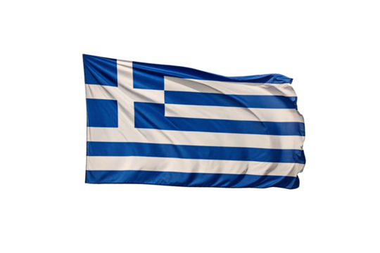 Greece flag rippling in wind showing nine alternating azure blue and white stripes with cross symbol, isolated on a transparent background