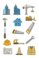 Construction Icons Skyscrapers, Tools, and Safety Gear for Building and Development Projects