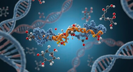 Dynamic 3D molecular structures and DNA helices reveal the intricate beauty of genetic science and biochemical processes in a vibrant, abstract scientific visualization