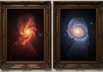 Cosmic portraits of a man and woman in ornate frames, a celestial concept