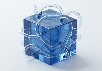 Abstract blue glass cube with clear swirls, isolated on white background
