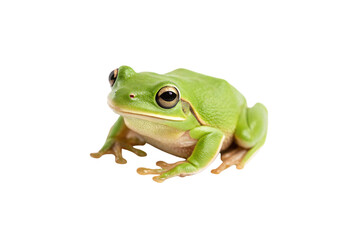 Fototapeta premium Lime green tree frog sitting at angle, prominent golden eye with dark pupil, peachy belly, extended webbed toes, isolated on a transparent background