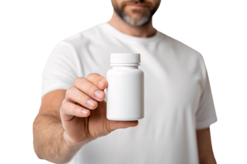 Man in white t-shirt holding blank white supplement bottle at chest level, casual presentation pose, product mockup, isolated on a transparent background