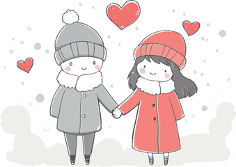 Cute cartoon couple holding hands wearing winter hats and scarves with hearts