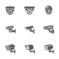 Nine different security camera icons in a grid on a white background surveillance cctv