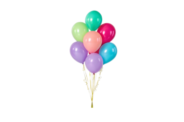 Colorful balloon bouquet with pastel shades, eight balloons including purple, pink, turquoise, green, magenta, gold ribbon and curls, isolated on a transparent background