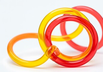 Three colorful plastic rings isolated on white background, closeup shot