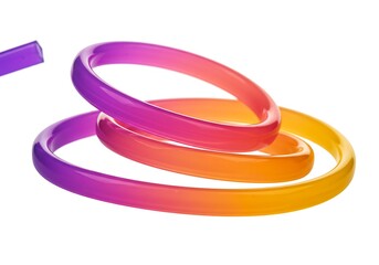 Three colorful plastic rings isolated on white background, closeup shot