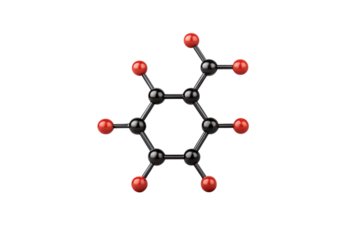 Benzene molecular structure model showing hexagonal carbon ring with hydrogen atoms in red and black, isolated on a transparent background