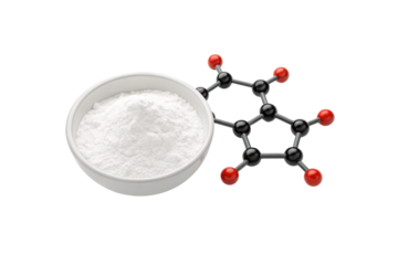 White powder in dish with molecular structure model showing five red oxygen atoms bonded to black carbon atoms, isolated on a transparent background