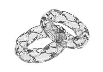 Two transparent rings with a pattern isolated on white background are linked