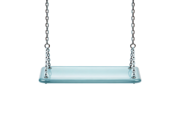 Light blue plastic swing seat suspended by metal chains, simple playground equipment with smooth curved sitting surface, isolated on a transparent background