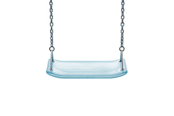 Turquoise translucent swing seat hanging from dark metal chains, front perspective view showing attachment points and depth, isolated on a transparent background